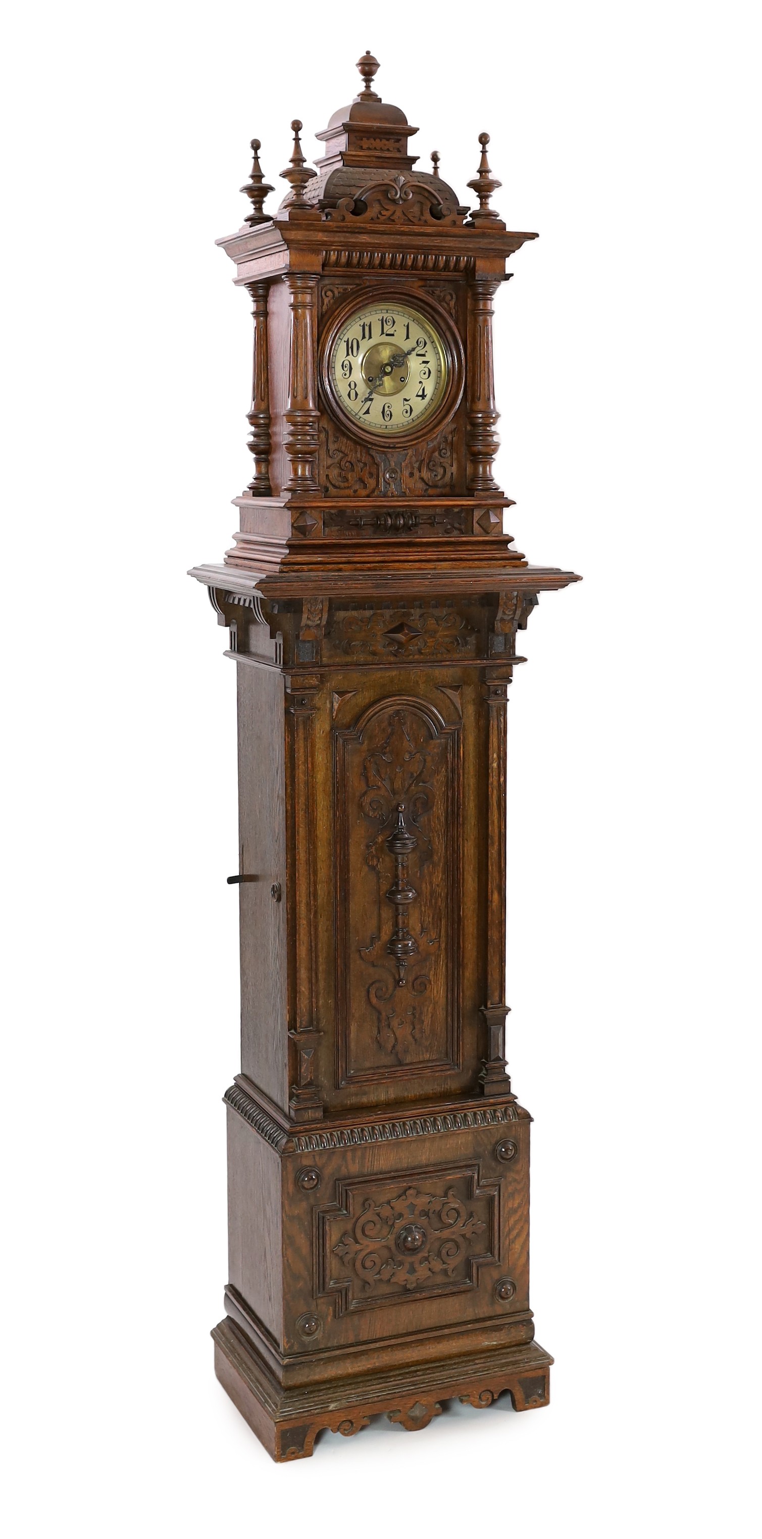 A Symphonion oak musical longcase hall clock, c.1895, playing 13.5in. discs, width 58cm depth 37cm height 235cm